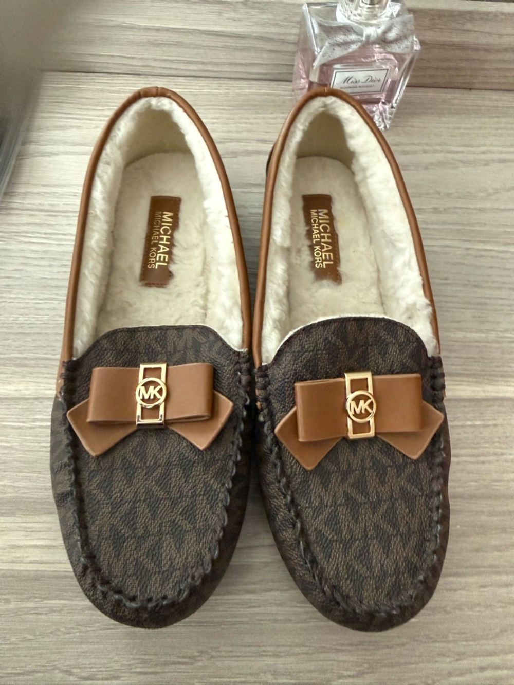 MICHAEL Michael Kors Brown Logo Bow Moccasin Slippers with Tan Bow